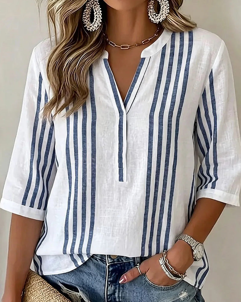 Blouse à col montant à rayures verticales en mélange de coton bleu