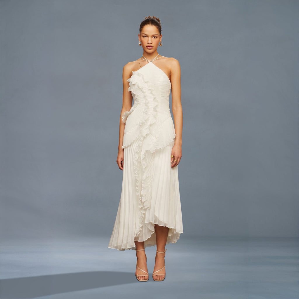Robe mi-longue plissée blanche en forme de rose thé pour femmes