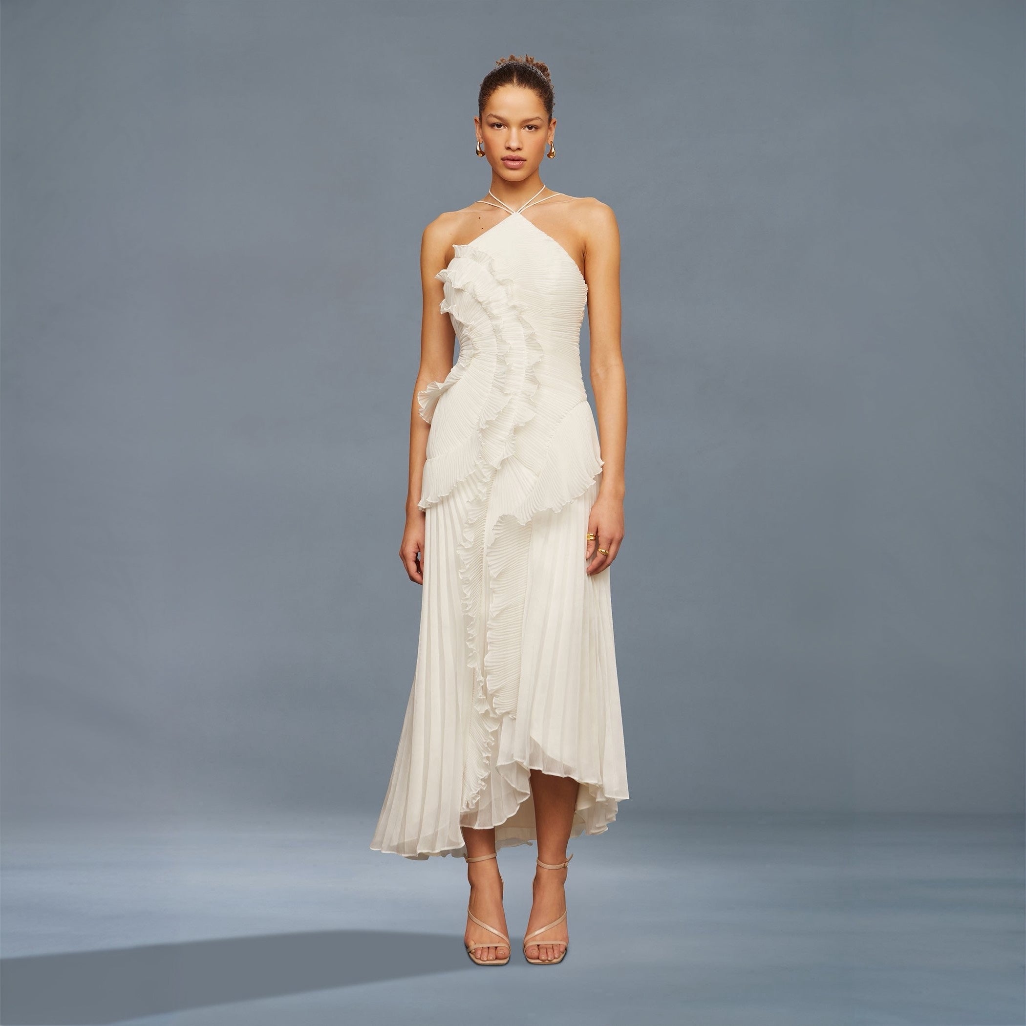 Robe mi-longue plissée blanche en forme de rose thé pour femmes