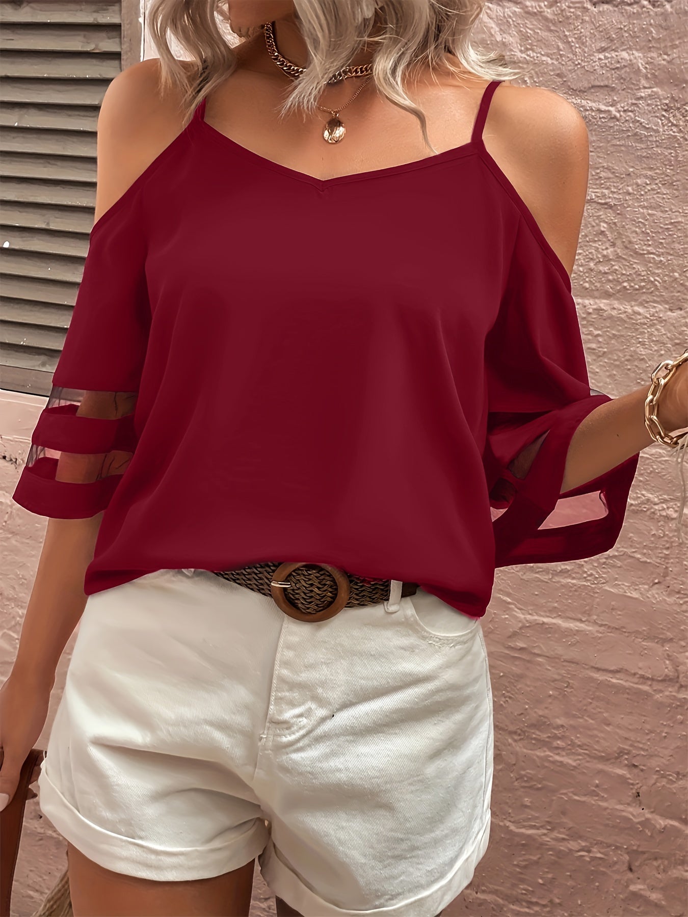 Blouse à épaules dénudées avec insert en tulle pour femmes
