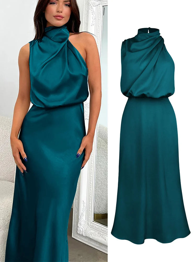 Robe midi en satin pour femme à encolure asymétrique