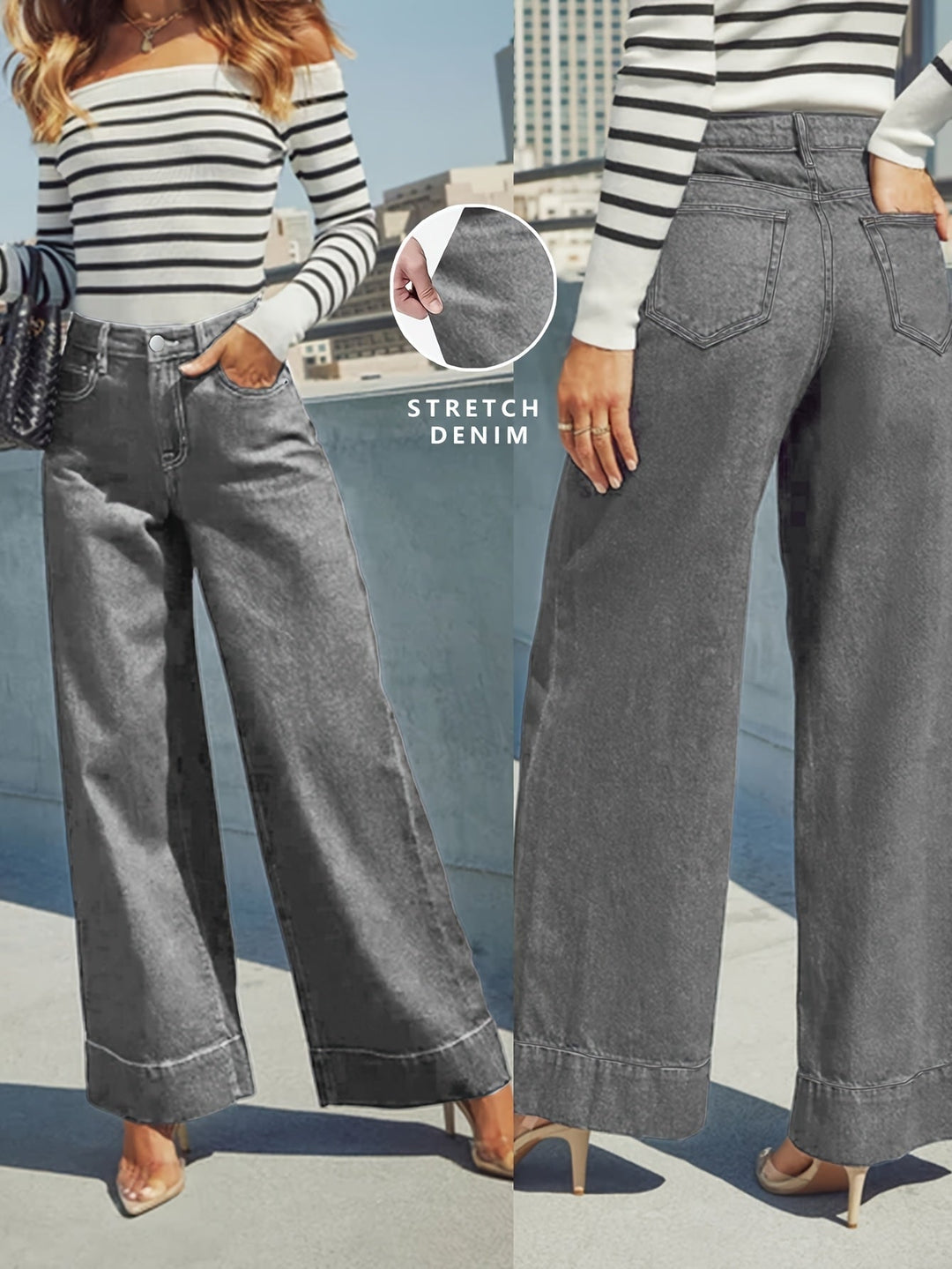 Jean en denim extensible taille haute à jambes larges avec ourlet retourné