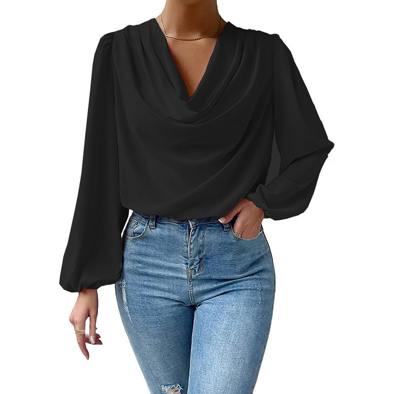 Océane Dubois® | Blouse Élégante Femme en Chiffon à Col Bénitier et Manches Longues