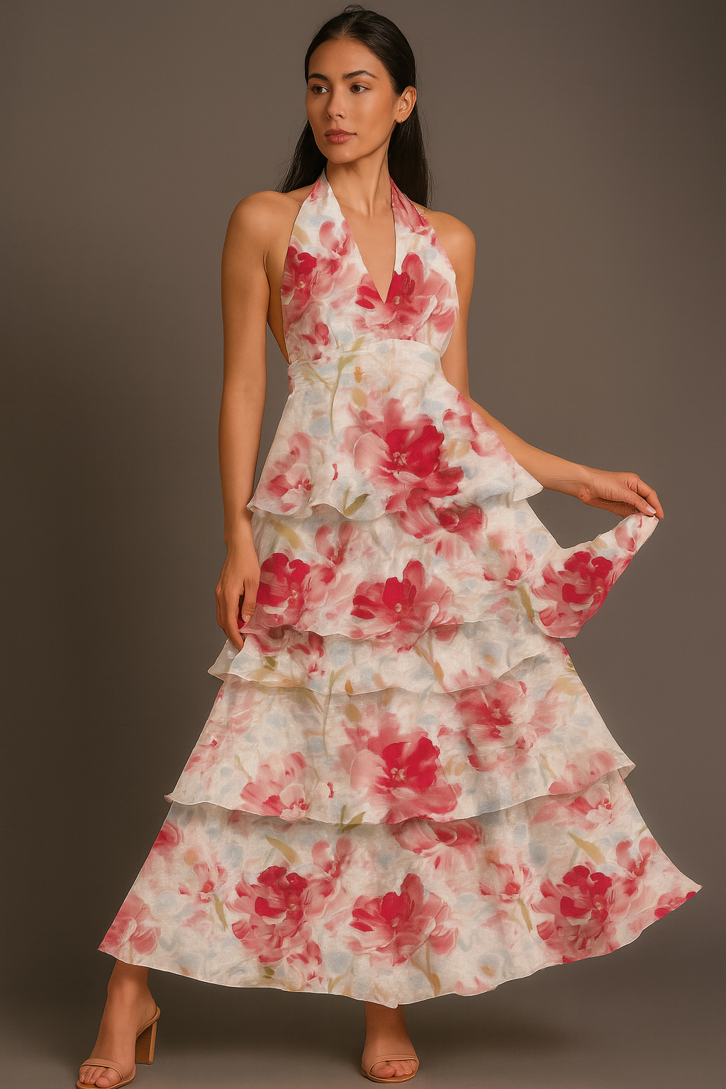 Robe maxi à volants en étages avec imprimé floral et détail à la taille, col licou