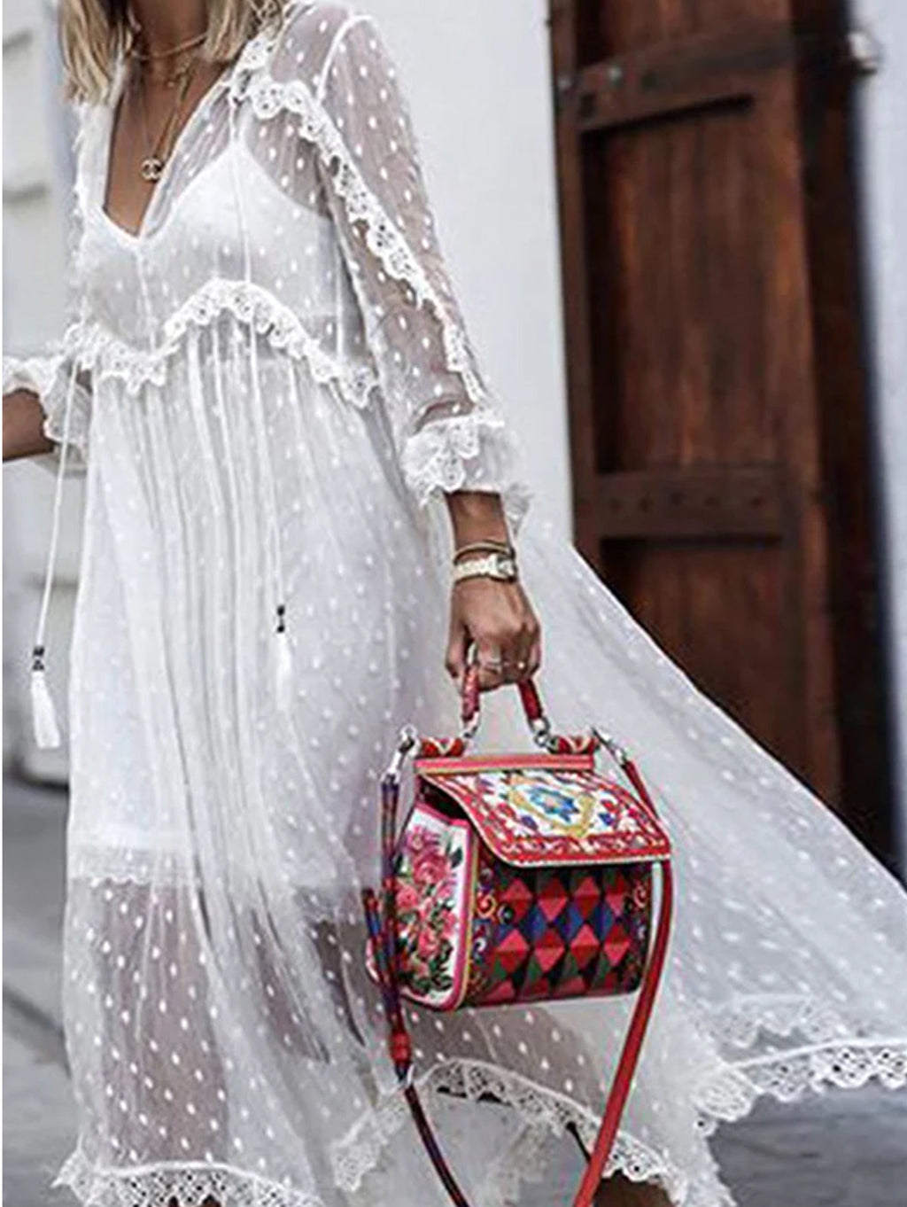 Sophie Paris | Robe longue en jacquard à pois transparents manches longues