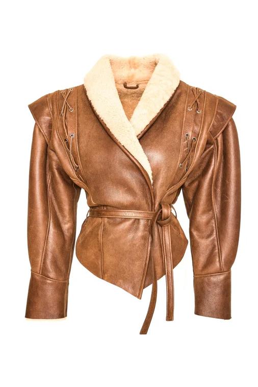 Manteau chic en cuir PU avec bordure en fausse fourrure et laçage