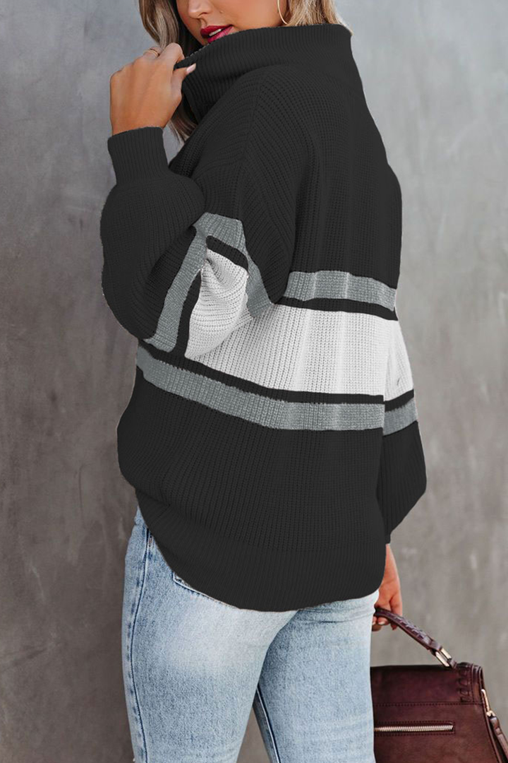 Pull tricoté décontracté à col zippé patchwork confortable