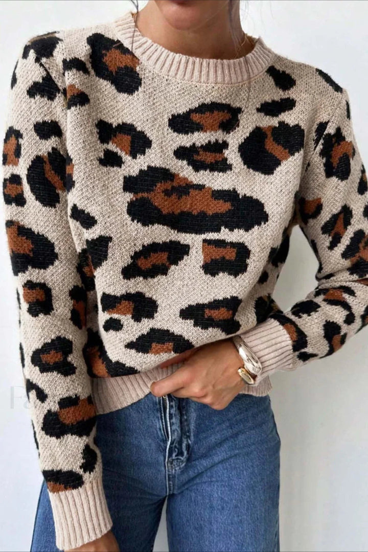 Pull à col rond chic avec imprimé léopard bicolore