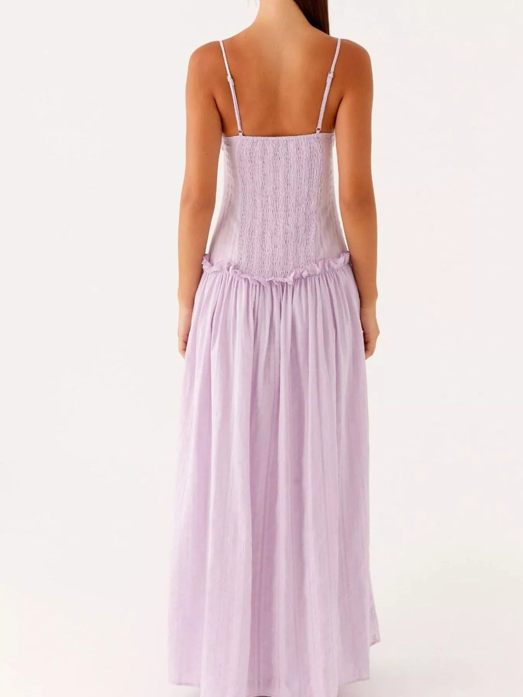 Robe longue à bretelles spaghetti avec volant et smocks