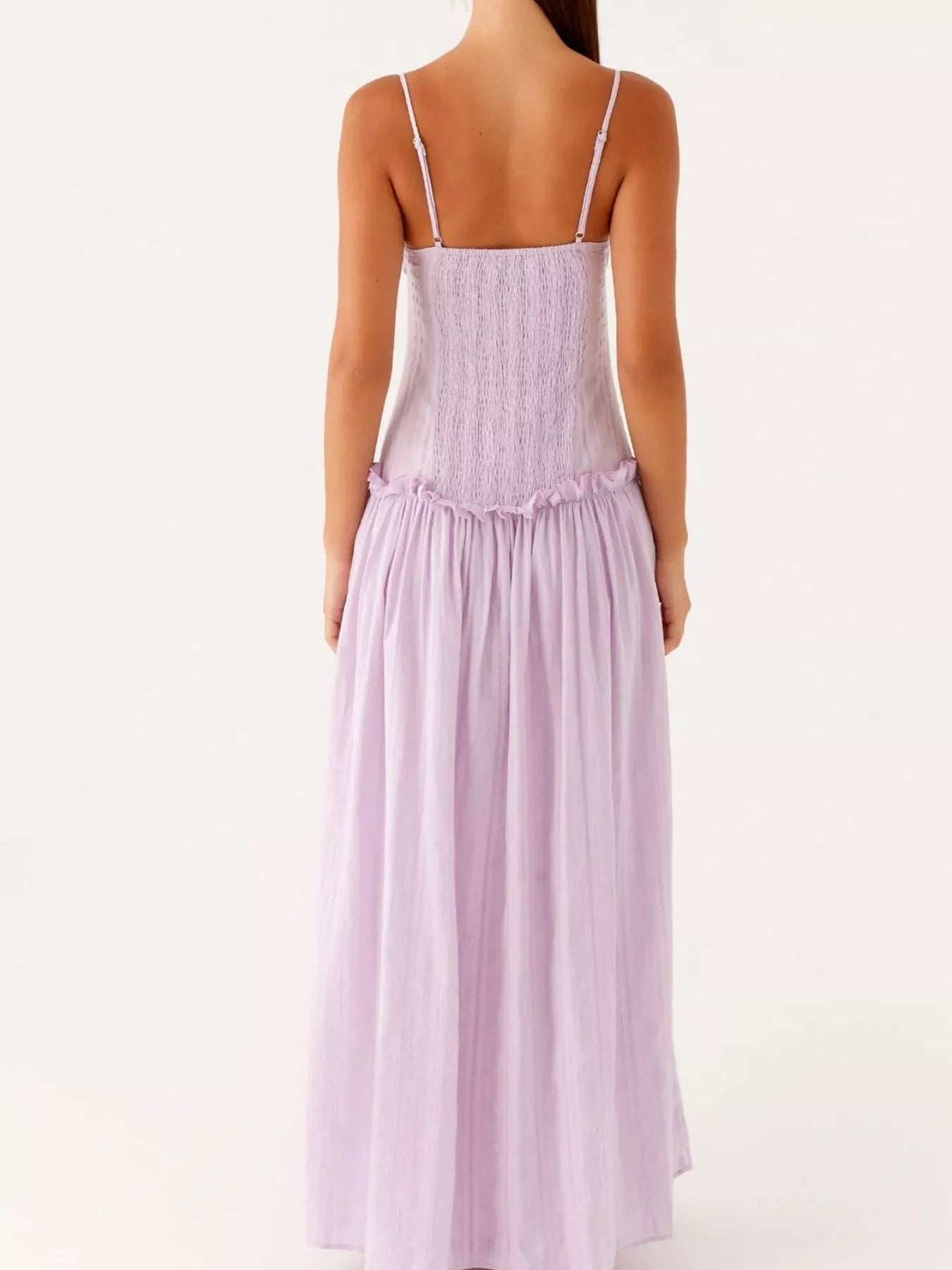 Robe longue à bretelles spaghetti avec volant et smocks