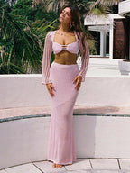 Ensemble jupe maxi 2 pièces en crochet pour femme avec haut à manches longues et découpe