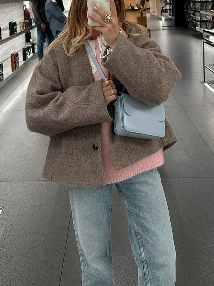 Manteau oversize à col en V effet laine pour femme