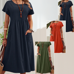 Robe mi-longue plissée à manches courtes avec poches