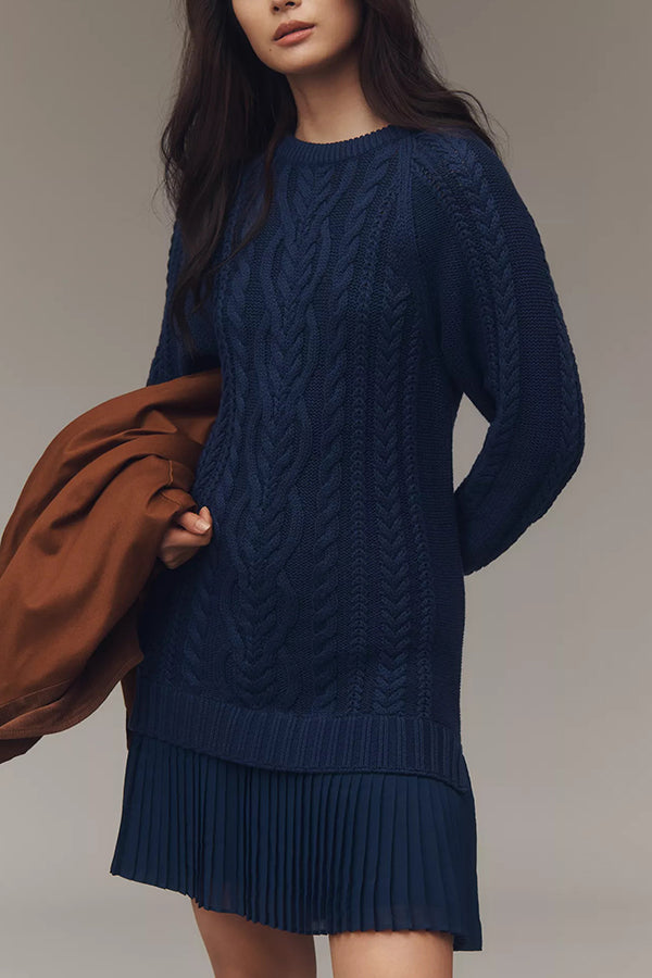 Robe Mini Pull en Maille Côtelée avec Ourlet en Chiffon Plissé