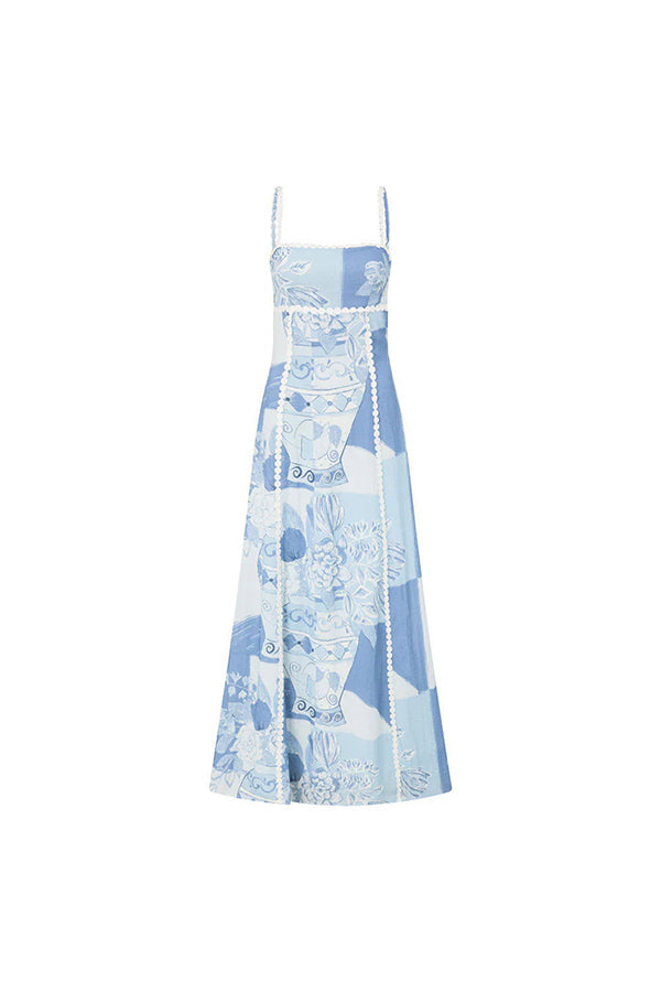 Sophie Paris® | Robe Maxi à Nouer au Dos avec Galon Ric Rac et Imprimé Unique