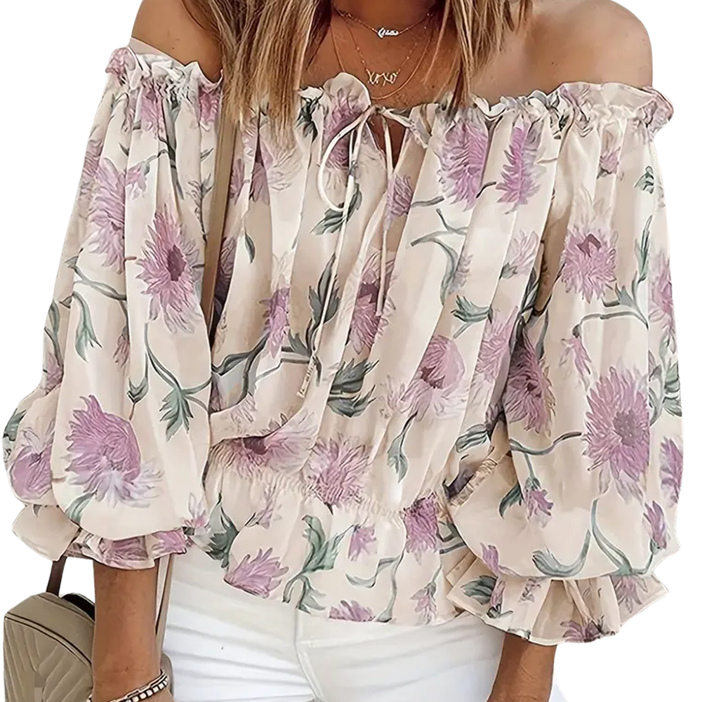 Blouse Carmen fleurie à épaules dénudées avec manches bouffantes