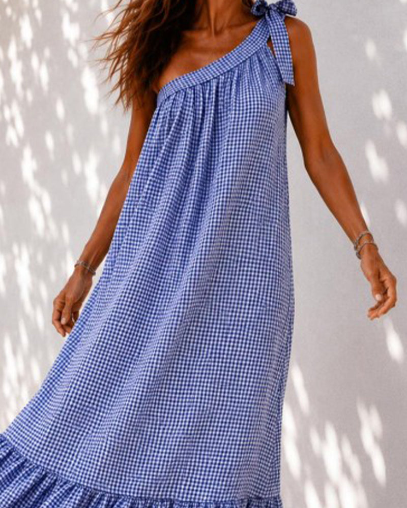 Robe longue asymétrique fluide à volants pour femme, vue de profil