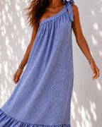 Robe longue asymétrique fluide à volants pour femme, vue de profil