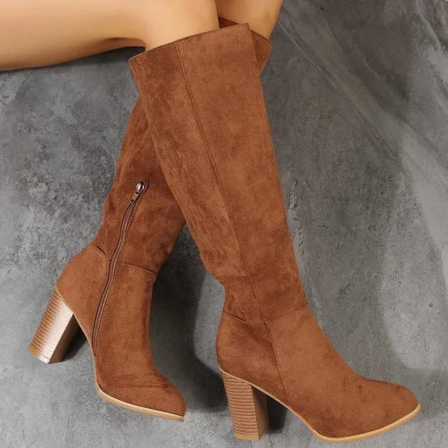 Bottes Hautes en Daim avec Talon Épais