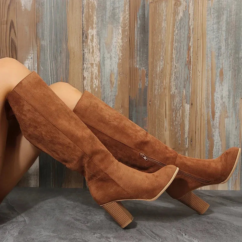 Bottes Hautes en Daim avec Talon Épais