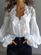 Blouse Femme en Dentelle à Manches Bouffantes Patchwork