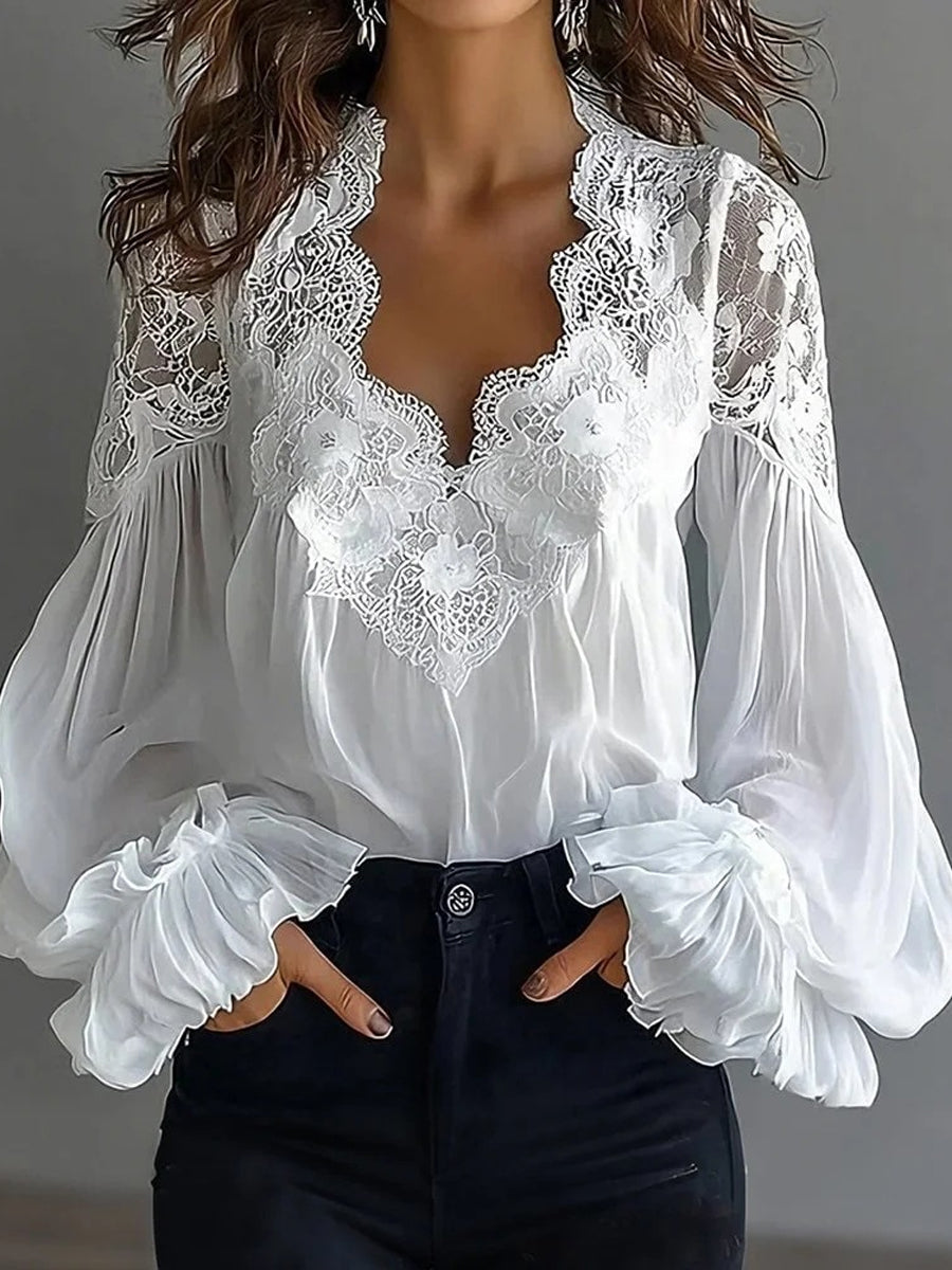 Blouse Femme en Dentelle à Manches Bouffantes Patchwork