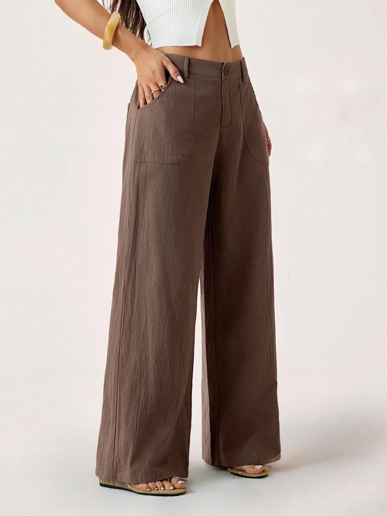 Pantalon taille haute large en mélange coton lin