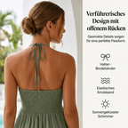 Robe longue dos nu à col halter avec drapés fluides