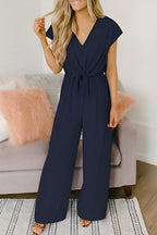 Combinaison Femme Dos Nu Col V Profond avec Jambes Amples et Poches