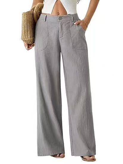 Pantalon taille haute large en mélange coton lin