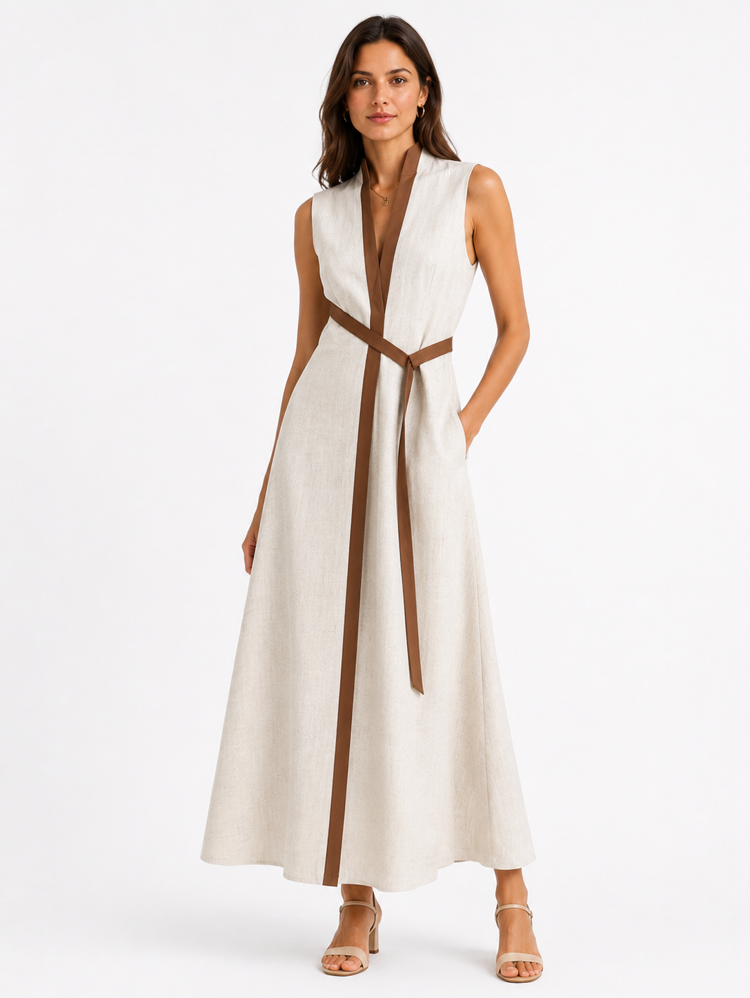Robe midi sans manches pour femme avec col montant coupe décontractée