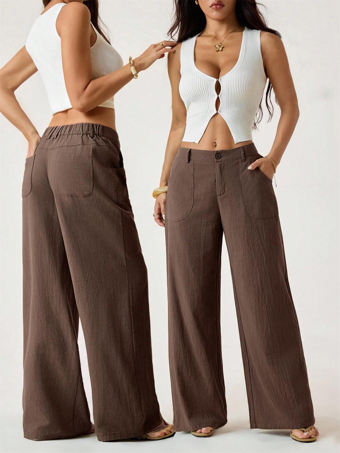 Pantalon taille haute large en mélange coton lin