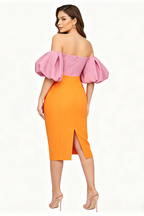 Robe mi-longue à manches ballon bicolore