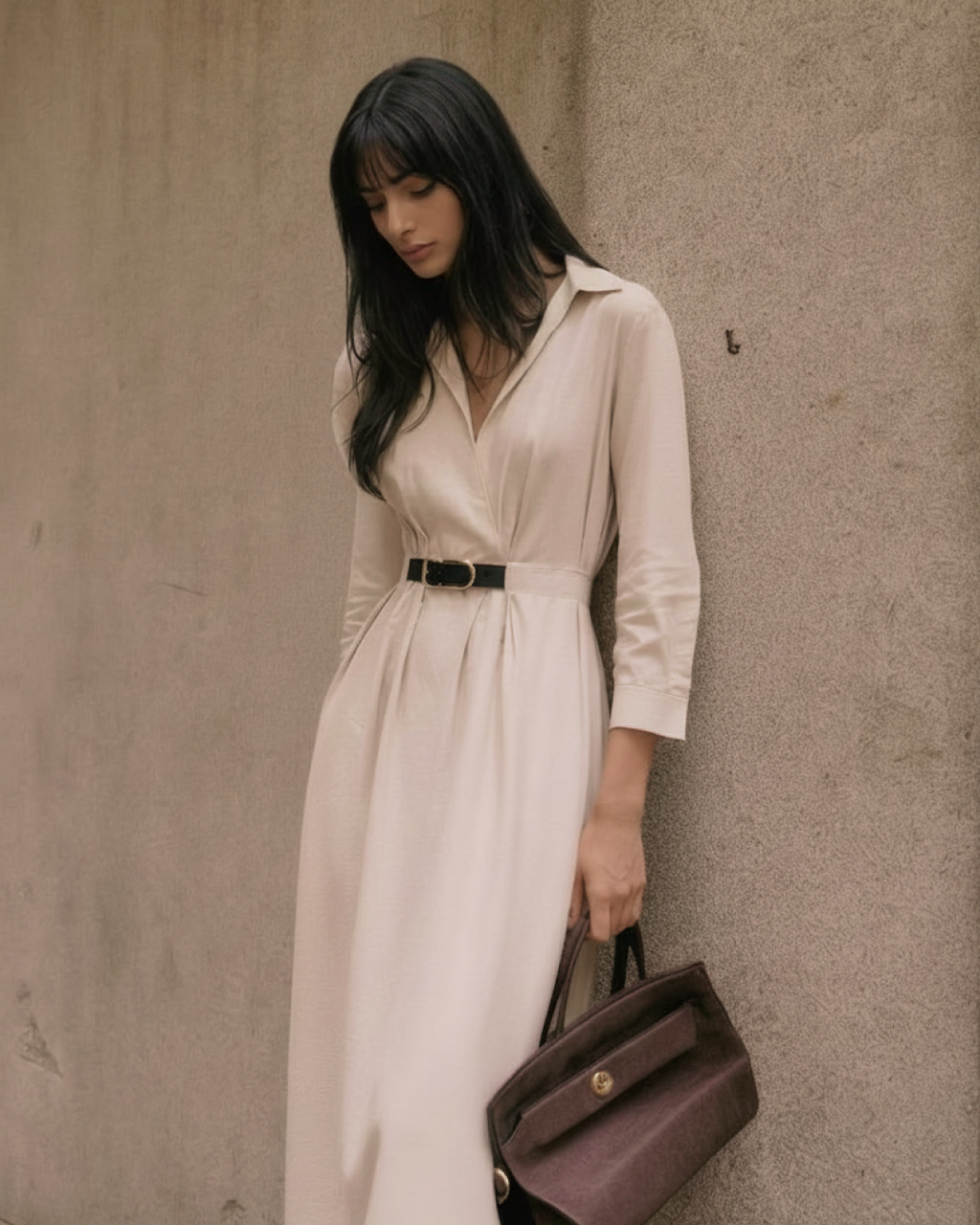 Robe midi bohème en mélange de coton beige