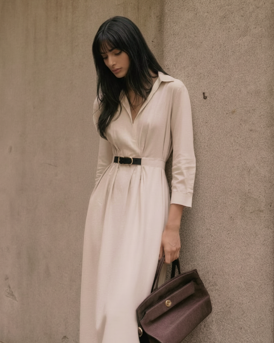 Robe midi bohème en mélange de coton beige