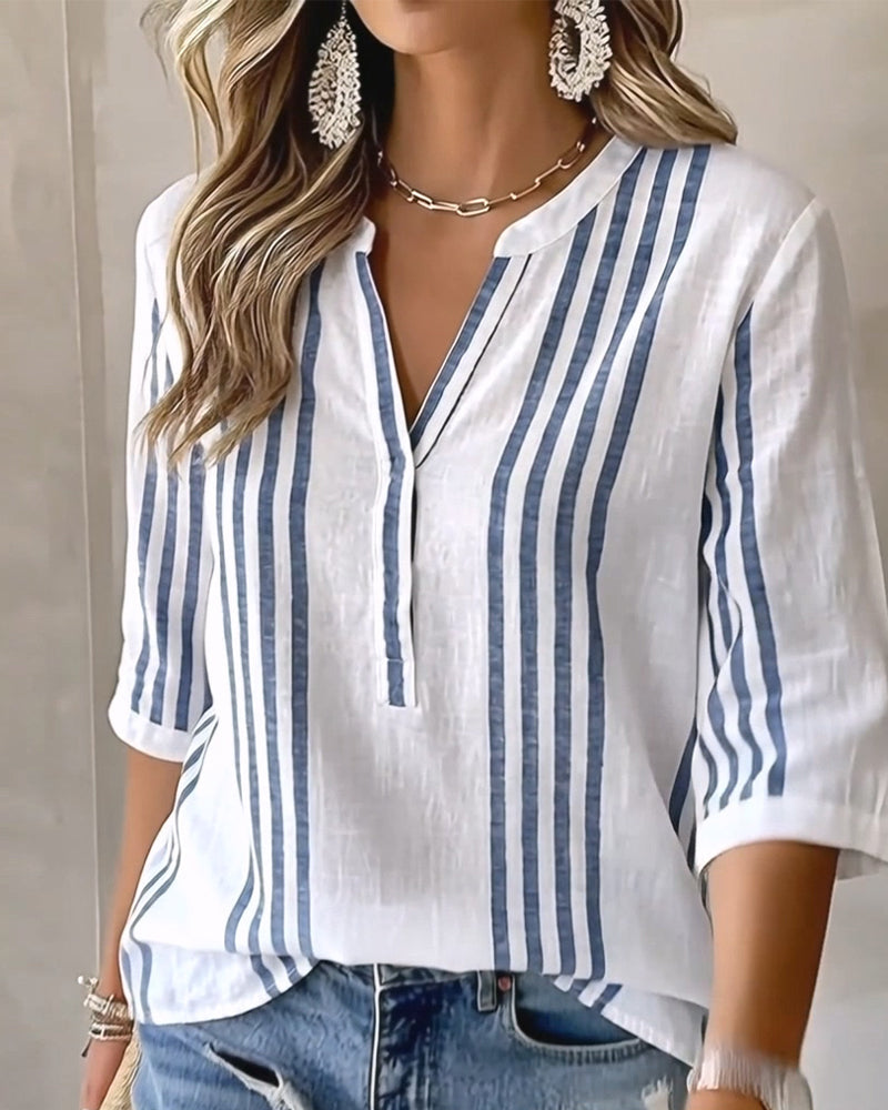 Blouse à col montant à rayures verticales en mélange de coton bleu