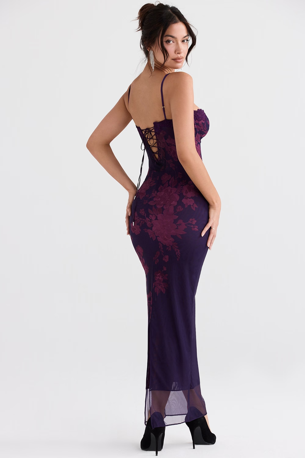 Robe longue moulante en maille florale violette