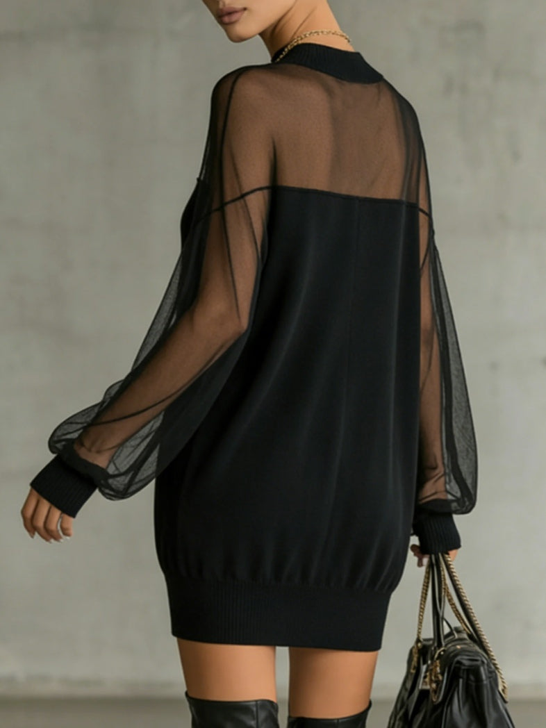 Robe Noire Élégante Courte avec Manches Longues en Résille