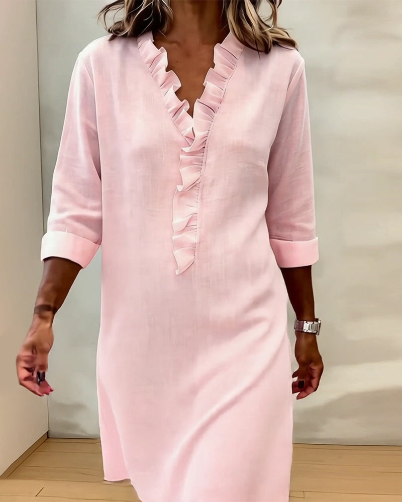 Robe droite en mélange de lin avec volants aérienne