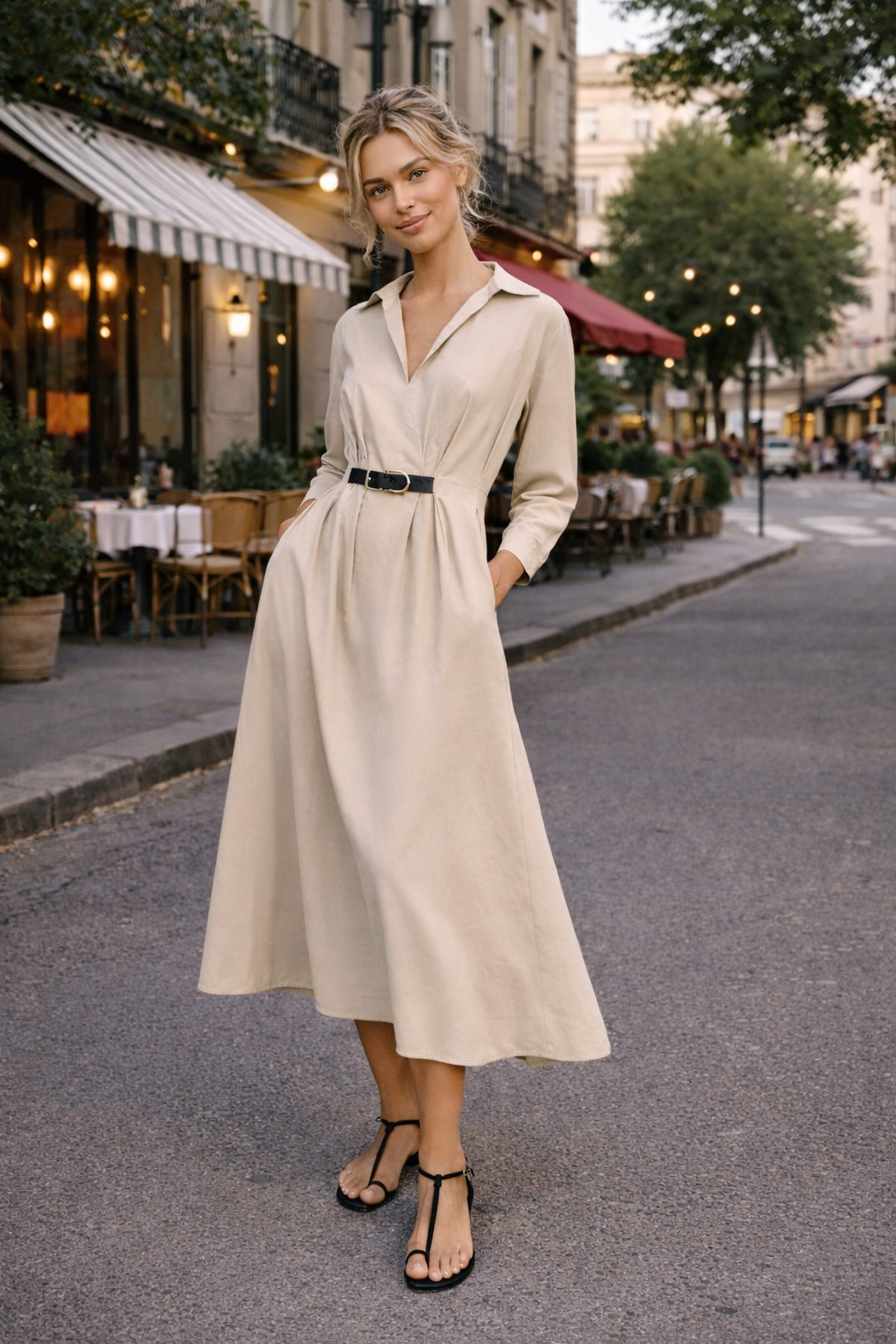 Robe midi bohème en mélange de coton beige