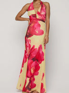 Robe longue froncée à col halter imprimé floral