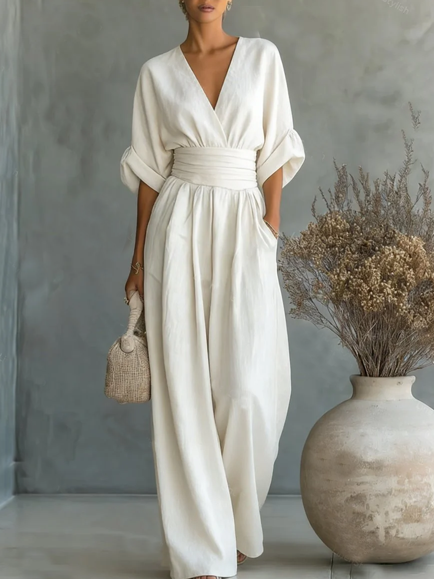 Combinaison élégante à col en V, taille haute et coupe ample