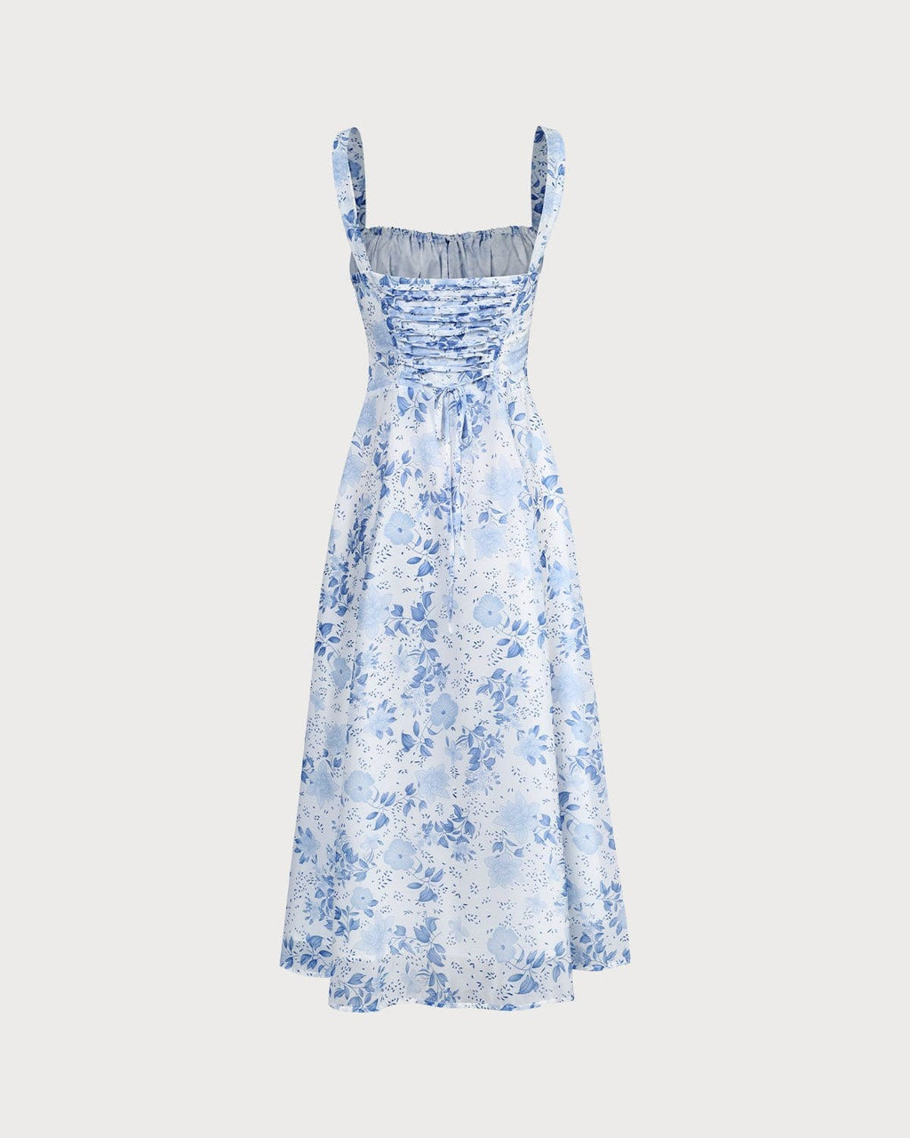 Robe mi-longue bleue à fleurs avec col carré froncé