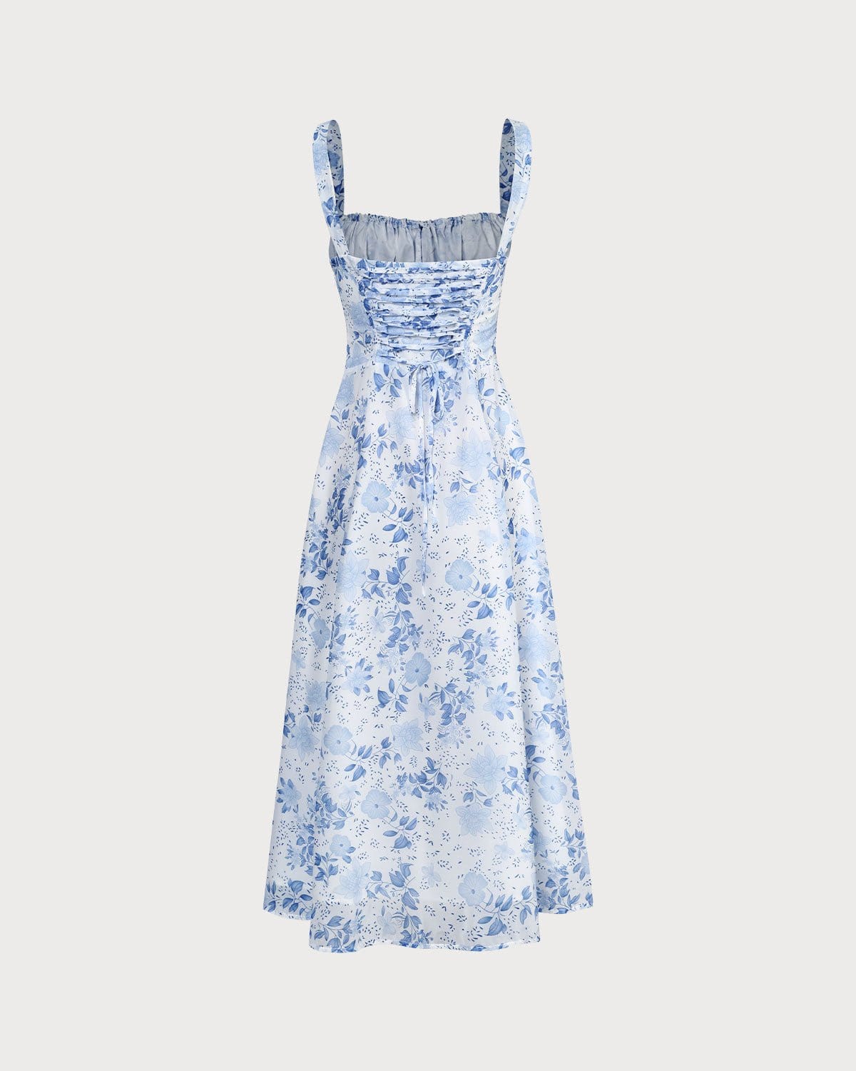 Robe mi-longue bleue à fleurs avec col carré froncé