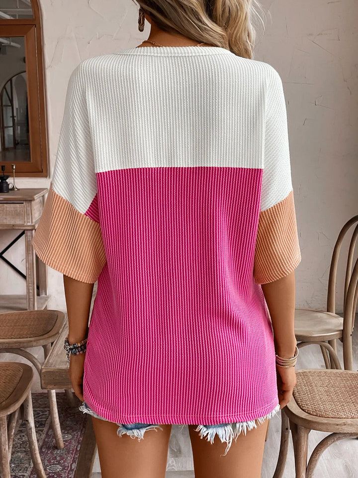 T-shirt décontracté côtelé à blocs de couleurs