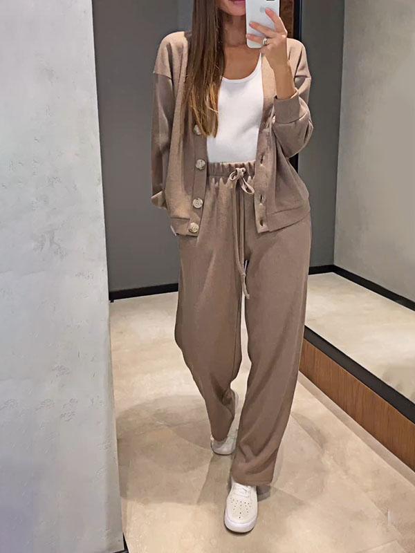 Ensemble décontracté confortable pull à col en V et pantalon
