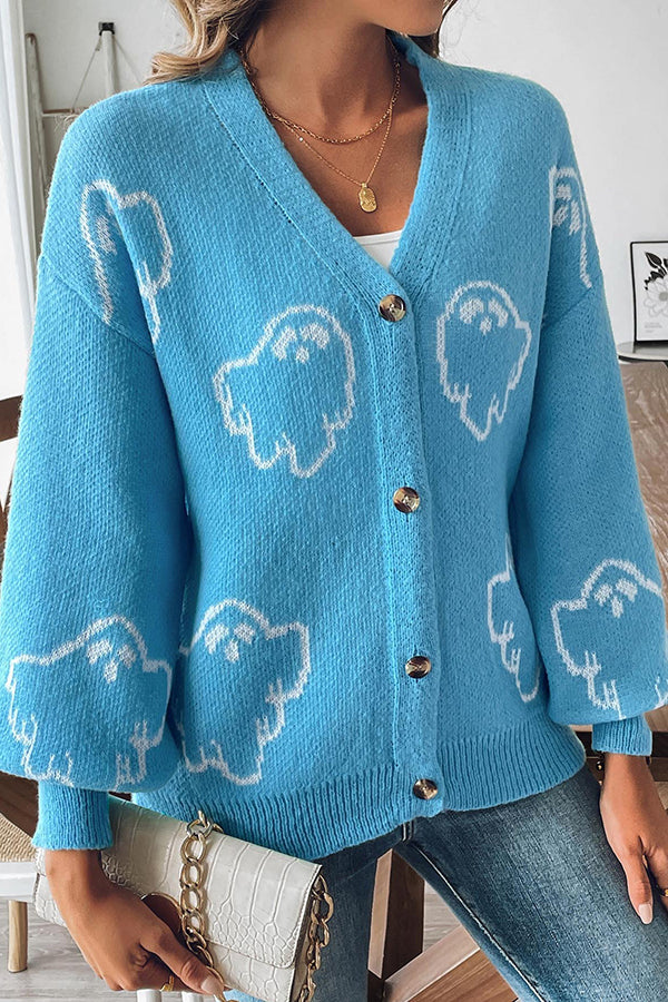 Pull en tricot confortable d'Halloween avec fantôme et boutons devant