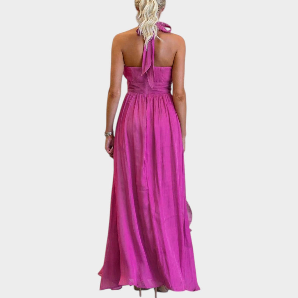 Robe longue élégante à col licou avec volants pour femme