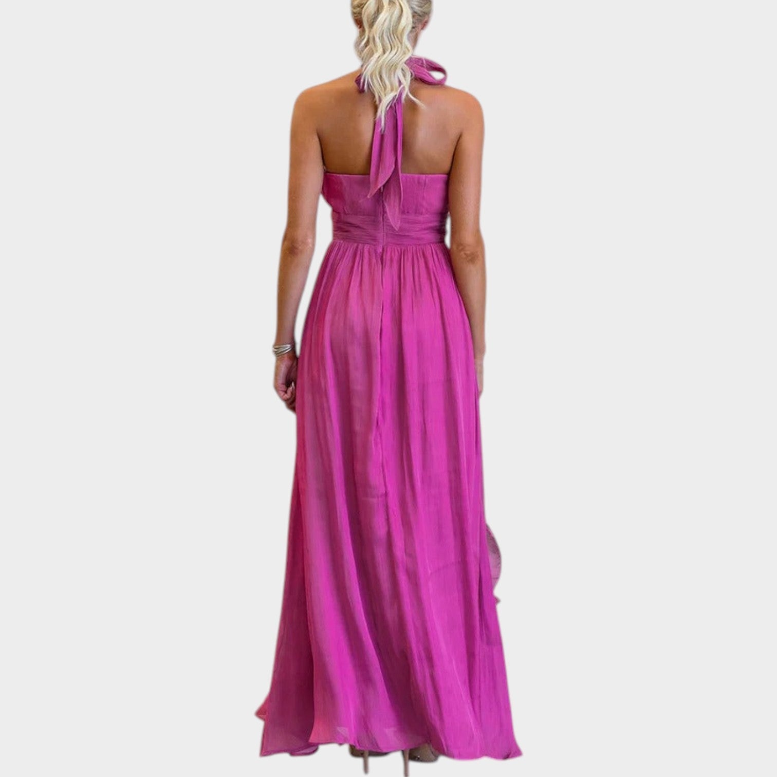 Robe longue élégante à col licou avec volants pour femme