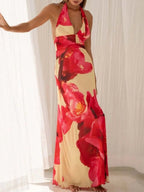 Robe longue froncée à col halter imprimé floral